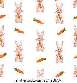 Seamless vector pattern with rabbit and carrots. Vector illustration for fabric, texture, wallpaper, poster, postcard. Editable elements.