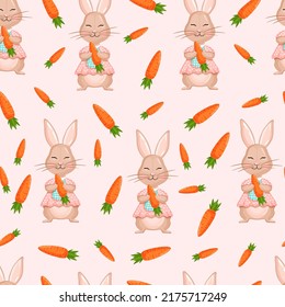 Seamless vector pattern with rabbit and carrots. Vector illustration for fabric, texture, wallpaper, poster, postcard. Editable elements.
