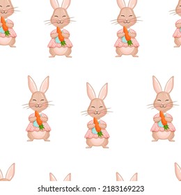 Seamless vector pattern with rabbit and carrots. Vector illustration for fabric, texture, wallpaper, poster, postcard. Editable elements.