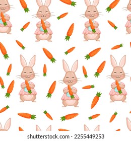 Seamless vector pattern with rabbit and carrots. Vector illustration for fabric, texture, wallpaper, poster, postcard. Editable elements.