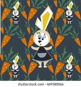 Seamless vector pattern rabbit and carrots with green twigs. Vector background. Geometric shapes.