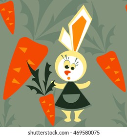 Seamless vector pattern rabbit and carrots with green twigs. Vector background. Geometric shapes.