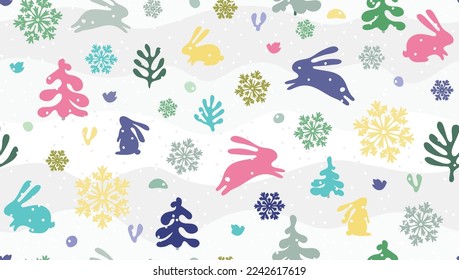 Seamless vector pattern with rabbits, birds, trees and snowflakes on a light background. New Year's day with jumping hares and falling snow. Snowfall and bunny in the forest on a Christmas print