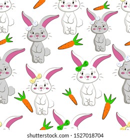 Seamless vector pattern of rabbits with a carrot on a white background. Vector illustration of a cute easter bunny. Image of cartoon rabbit with a bow on the ear