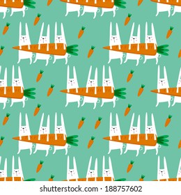 Seamless vector pattern with rabbits and carrots. 