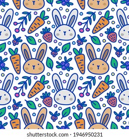 
seamless vector pattern with rabbits, carrots and berries on a white background