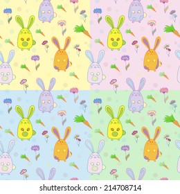 seamless vector pattern with rabbits, carrots and flowers