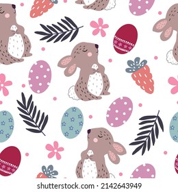 Seamless vector pattern with rabbits, easter eggs, flowers, leaves suitable for use as textiles. wallpapers and prints