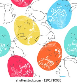 Seamless vector pattern with rabbits and  festive Easter eggs on a white background. 
