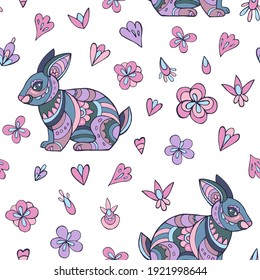 Seamless vector pattern of rabbits and flowers. Suitable for packaging, fabrics, wallpapers and simple colorings. Easter background. 