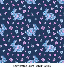 Seamless vector pattern of rabbits and flowers. Suitable for packaging, fabrics, wallpapers and simple colorings. Easter background. 