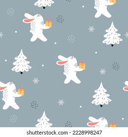 Seamless vector pattern with rabbits in the forest holding gift box. Winter time. 