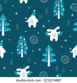 Seamless vector pattern with rabbits in the forest. Christmas time.