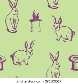 Seamless vector pattern with rabbits  in sketch style. Vintage  texture with rabbits