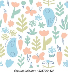 Seamless vector pattern with rabbits as a spot on a floral background in orange, blue and green colors. Perfect for textiles, wallpaper or print design.