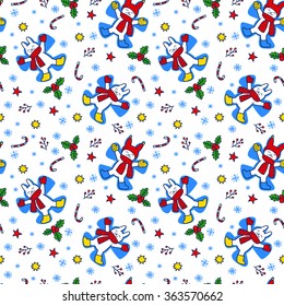 Seamless vector pattern with rabbits, stars, snowflakes, berries. Snow angel. 