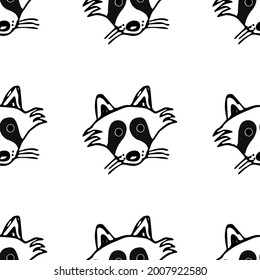 Patrón vectorial sin foco con mapaches. Vector de doodle con mapaches sobre fondo blanco. Patrón de vintage con iconos de mapache, fondo de elementos dulces para el proyecto