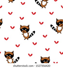 Seamless vector pattern with raccoons on white background. Cute animal wallpaper design. Repeat textile fashion pattern.
