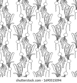 Seamless vector pattern of radish. Black outline drawing of a radish on a white background.For the design and decoration of fabric, paper, Wallpaper and packaging.