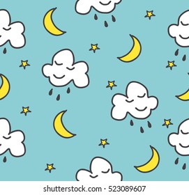 Seamless vector pattern with rain ,clouds,stars and crescent moons. 