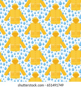 Seamless vector pattern with rain coat and water drops, swatch inside