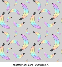 Seamless vector pattern with rainbow bananas on grey background. Texture, wallpaper, decoration, package. Minimal style. Shiny fruit, holographic gradient