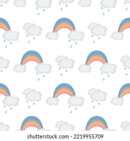 Seamless vector pattern rainbow with clouds in pastel colors. Perfect for printing on fabric and wrapping paper.