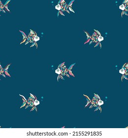 Seamless vector pattern with rainbow fish on blue background. Simple underwater wallpaper design. Decorative lucky fish fashion textile.