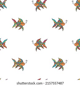 Patrón vectorial sin foco con peces arco iris sobre fondo blanco. Diseño de fondo bajo el agua con mucha suerte. Dibujo decorativo de la moda marina textil.