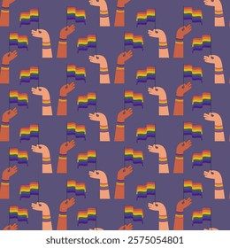 Seamless vector pattern with rainbow flags. Pride lgbt flag colorful illustration. Rising hands LGBTQ support