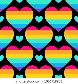 Seamless vector pattern with rainbow hearts. Gay pride flag colored illustration. Trendy stylish texture. Repeating colorful tile, artwork for print and textiles. 