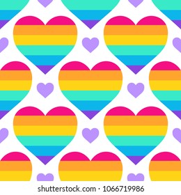 Seamless vector pattern with rainbow hearts. Gay pride flag colored illustration. Trendy stylish texture. Repeating colorful tile, artwork for print and textiles. 