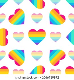 Seamless vector pattern with rainbow hearts. Gay pride flag colored illustration. Trendy stylish texture. Repeating colorful tile, artwork for print and textiles. 