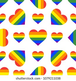 Seamless vector pattern with rainbow hearts. Gay pride flag colored illustration. Trendy stylish texture. Repeating colorful tile, artwork for print and textiles.