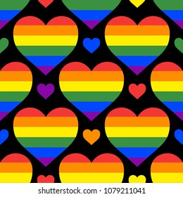 Seamless vector pattern with rainbow hearts. Gay pride flag colored illustration. Trendy stylish texture. Repeating colorful tile, artwork for print and textiles.