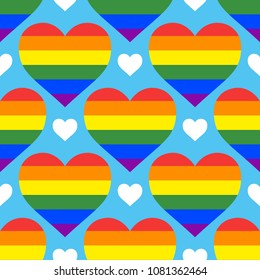 Seamless vector pattern with rainbow hearts. Gay pride flag colored illustration. Trendy stylish texture. Repeating colorful tile, artwork for print and textiles.