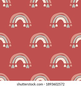 Seamless vector pattern with rainbow and hearts. Romantic background for Valentine’s Day. Love and romance symbol. Hand drawn vintage background for print, wrapping paper and fabric