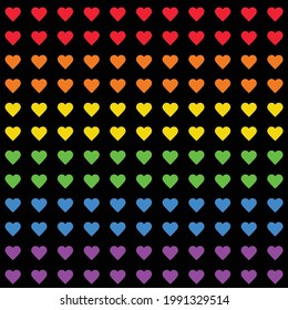 Seamless vector pattern. Rainbow hearts on black background. LGBT flag. Pride Month. Colorful repeated hearts