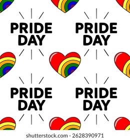 Seamless vector pattern with rainbow hearts and Pride Day text, perfect for LGBTQ+ themed designs and celebrations.