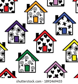 Seamless vector pattern with rainbow houses on white background. Simple family home wallpaper design. Artistic building fashion textile.