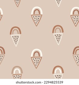 Seamless vector pattern with rainbow ice cream on beige background. For birthday, party invitations, scrapbook, summer holidays. Illustration in soft beige colors.