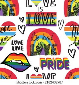 Seamless vector pattern with rainbow, lips, and slogan. Gay pride flag colored illustration. Trendy stylish texture. Repeating colorful tile, artwork for print and textiles.
