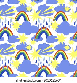 Seamless vector pattern with rainbow, rain, stars, clouds on a white background. Ornament of sky in the style of naive art.