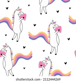 Seamless vector pattern with rainbow unicorn on white background