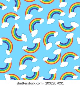 Seamless vector pattern with rainbows and cloud on blue background for fabric textile wallpaper apparel wrapping. vector design.