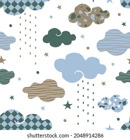 Seamless vector pattern with rainy clouds on white background. Simple textured weather wallpaper design for children. Decorative soft sky fashion textile.