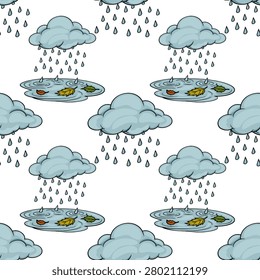 Seamless vector pattern with rainy clouds and autumn puddles with fallen leaves
