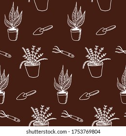 Seamless vector pattern with a rake,a shovel and a seedling in a pot.Hand drawn sketches gardening tools. Elements equipment for agriculture in Doodle style. Vector illustration on a brown background.