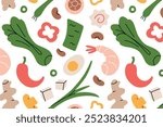 Seamless vector pattern with ramen ingredients in flat cartoon style. Asian cuisine elements like shrimp, tofu, ginger, bok choy. Korean food like fish cake, nori, and beans for food designs