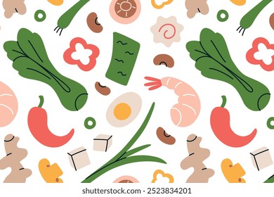 Seamless vector pattern with ramen ingredients in flat cartoon style. Asian cuisine elements like shrimp, tofu, ginger, bok choy. Korean food like fish cake, nori, and beans for food designs